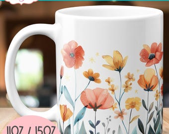 TÉLÉCHARGEMENT NUMÉRIQUE Mug fleurs sauvages sublimation design aquarelle florale de 11 oz enveloppement de tasse PNG printemps mug modèles dessins graphique numérique 15 oz
