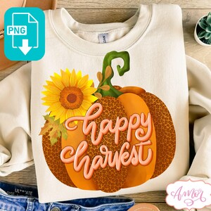 DIGITAL DOWNLOAD Happy Harvest PNG, Fall png designs, Autumn T-shirt, Leopard pumpkin png, Fall Sunflowers png, Fall graphic sublimation