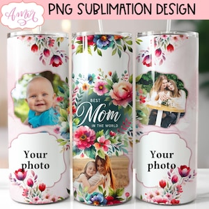 Best Mom photo tumbler wrap PNG for sublimation, Mother's Day picture frame 20oz tumbler template PNG, customizable pink floral download