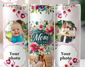 Best Mom photo tumbler wrap PNG for sublimation, Mother's Day picture frame 20oz tumbler template PNG, customizable pink floral download