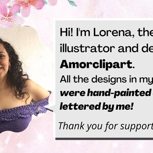 May include: Lorena, an illustrator and designer, smiles at the camera. She is wearing a purple crochet top. The text reads: "Hi! I'm Lorena, the illustrator and designer of Amorclipart. All the designs in my shop were hand-painted and lettered by me! Thank you for supporting my art!"