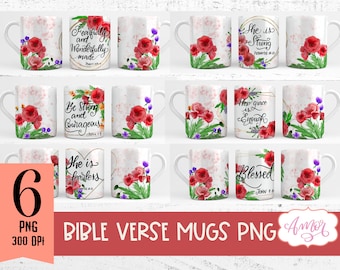 Bundle of 6 Bible verse mug wraps for sublimation, Christian quotes full mug wrap template, Watercoor florals coffee mug PNG printable files