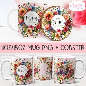 Moeder foto mok wrap png voor Moederdag, beste moeder 11 oz 15 oz fotolijst mok sjabloon voor sublimatie, bloemen onderzetter png-ontwerpdownload