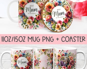 Mum Photo Mug Wrap PNG for Mother's Day, Best Mum 11oz 15oz picture frame mug template for sublimation, Floral coaster PNG design download