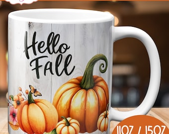 Hej höst muggomslag PNG för sublimering, höstpumpor 11oz 15oz muggmall digital nedladdning akvarell PNG design oktober kaffemugg png