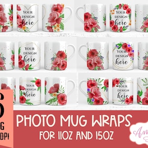 Paquete de 6 plantillas de tazas con fotografías florales para sublimación, envoltorios de tazas de café personalizables para el Día de la Madre, agregue sus propias imágenes, archivos de 11 oz y 15 oz