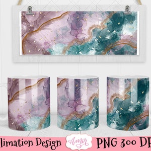 May include: Three white ceramic mugs with a sublimation design featuring abstract watercolor-style swirls in shades of pink, teal, and gold. The design has a marbleized effect.