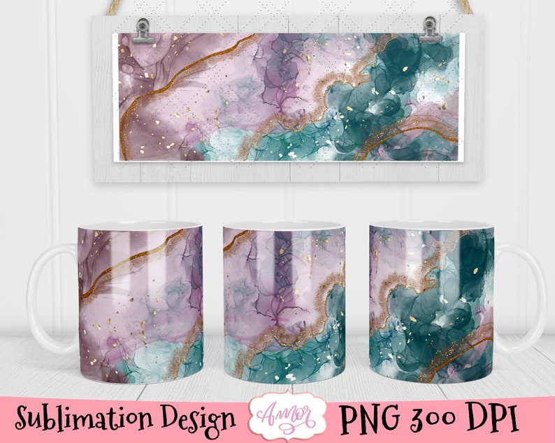 May include: Three white ceramic mugs with a sublimation design featuring abstract watercolor-style swirls in shades of pink, teal, and gold. The design has a marbleized effect.
