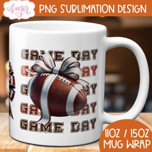 DESCARGA DIGITAL Envoltura de taza para día de juego Sublimación Taza de café de fútbol americano Plantilla de taza de 11 oz 15 oz Fútbol retro png Moño coqueto Bola
