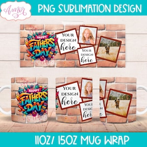Glücklicher Vatertag Fotobecher Wrap PNG für individuelle Geschenke, Papa Bild Becher Vorlage Sublimationsdesign, Bilderrahmen Kaffeebecher Download