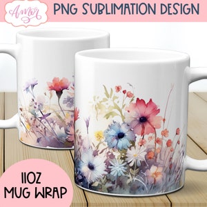 Wildflowers mug sublimation designs, watercolor floral 11oz mug wraps png, Spring mug template designs digital instant download graphic