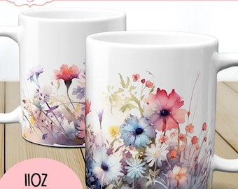 Conceptions de sublimation de tasse de fleurs sauvages, tasse florale aquarelle de 11 oz enveloppe png, modèle de tasse de printemps conçoit le graphique de téléchargement instantané numérique