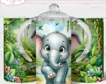 Cute elephant sippy cup sublimation tumbler, jungle animal sippy cup template PNG for sublimation, customizable kids 12oz tumbler template