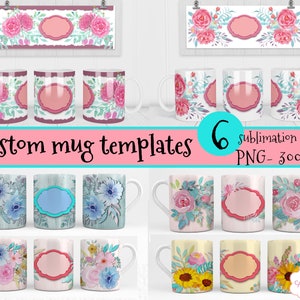 Bundel van 6 bloemenmoksjablonen voor sublimatie, aanpasbare mokwraps PNG | Aquarel bloem koffiemok gepersonaliseerde digitale bestanden