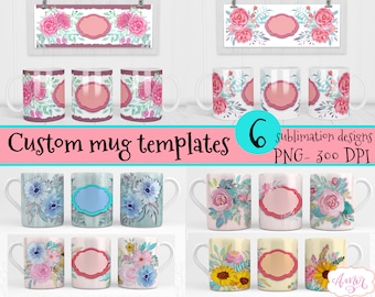 Bundle of 6 floral mug templates for sublimation, customizable mug wraps PNG | Watercolor flower coffee mug personalized digital files
