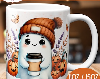 May include: A white ceramic mug with a Halloween-themed design. A cute ghost wearing a brown and orange hat holds a cup of coffee. The mug is surrounded by pumpkins and fall foliage. The text "11oz / 15oz Mug Wrap" is printed on the bottom right corner of the mug.