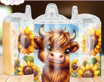 Cute Highland cow sippy cup sublimation tumbler, sunflowers sippy tumbler template png for sublimation, customizable kids tumbler template