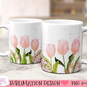 Rosa Tulpe Blumen Design für 11 Unzen und 15 Unzen Becher Sublimation, anpassbare Becher Wrap PNG, Aquarell Design für Kaffeebecher Vorlage Download