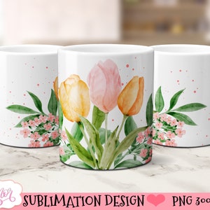 Arrangement de tulipes pour la sublimation de tasse de 11 oz et 15 oz, enveloppe de tasse personnalisable PNG, conception d'aquarelle pour le modèle de téléchargement de tasse de café graphique