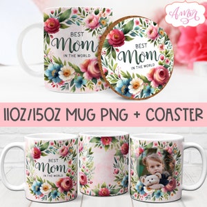 Mamá foto taza envoltura PNG para sublimación, Plantilla de taza del Día de la Madre 11oz 15oz para sublimación, Mejor taza de mamá y descarga de diseño floral de montaña rusa