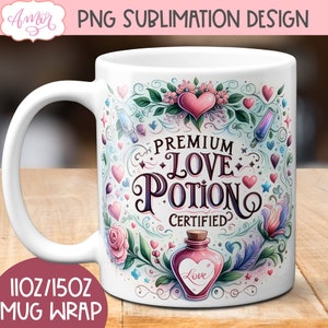 Design a sublimazione della tazza di San Valentino, involucro della tazza da 11 once e 15 once della pozione d'amore PNG, modello di tazza da caffè magico Grafica PNG, download istantaneo