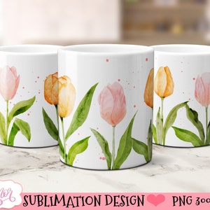 Roze tulp bloem ontwerp voor 11oz en 15oz mok sublimatie, aanpasbare mok wrap PNG, aquarel ontwerp voor koffiemok sjabloon downloaden