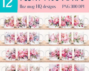 Bundle of 12 pink peony mug sublimation designs, watercolor floral 11oz mug wraps png, Spring mug template designs digital instant download