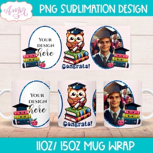 Voeg je eigen foto's moksjabloon toe, afstuderen aanpasbare koffie 11oz mok sublimatieontwerp, afgestudeerde middelbare school direct downloaden