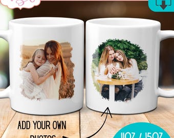 May include: Two white ceramic mugs with photos of people. One mug features a photo of a woman and a child hugging, the other has a photo of two women. Text on the mugs includes "Add Your Own Photos" and "11oz / 15oz Mug Wrap."