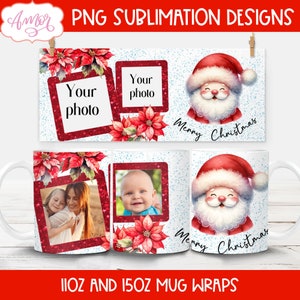 Kerst fotolijst mok sjabloon voor sublimatie, Kerstman volledige mok wrap, aanpasbare schattige kerst foto koffiemok PNG instant download