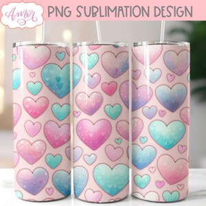 Lindos corazones de color pastel Tumbler Wrap PNG para sublimación, Love 20oz flaco vaso sin costuras diseño / Descarga de plantilla del Día de San Valentín