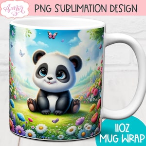 Niedliche Pandabär-Tassenfolie zur Sublimation, Baby-Tier-Tassenvorlage, farbenfrohes Frühlings-Kaffeetassen-Design für Mädchen und Kinder, süßer Sofort-Download