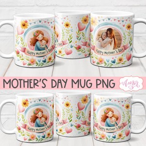 Feliz Día de la Madre envoltura de taza PNG para sublimación, Linda plantilla de taza de foto / Marco de imagen floral taza de café descarga de regalo personalizable