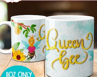 DIGITAL DOWNLOAD Queen bee mug wrap sublimation PNG bee 11oz coffee mug template cute design for Mother's Day honey honeycomb mug design png