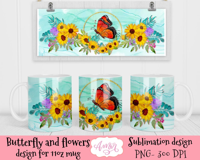 Sunflowers and butterfly mug PNG design for sublimation, floral mug wrap PNG template, spring full 11oz coffee mug design, Instant download image 2