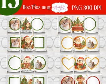 Puede incluir: Quince tazas de fotos navideñas blancas con varios diseños. Algunas tazas presentan fotos familiares, mientras que otras muestran elementos festivos como Papá Noel, árboles de Navidad y elfos. Las tazas son de 312 ml/425 ml.