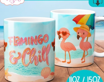 DIGITAL DOWNLOAD Pink Flamingo Mug Wrap: Beach Lover Coffee Mug Template Design