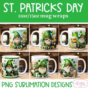 Bundle St. Patrick's Day Becher Wraps PNG für Sublimation, 15 Unzen Kaffeebecher Vorlage | Niedlicher Wichtel grüner Hut Münztopf Irland irischer Download