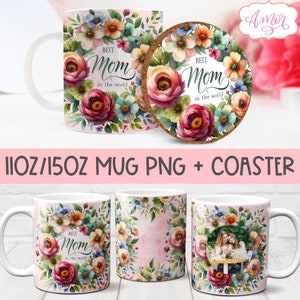 Adicione seu embrulho de caneca com foto PNG para o Dia das Mães, melhor modelo de caneca de 11 onças e 15 onças para sublimação, caneca floral e download de design PNG de montanha-russa