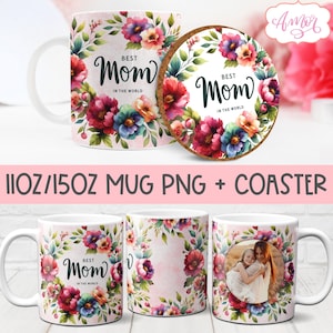 Envoltura de taza de mamá personalizable PNG para el Día de la Madre, Plantilla de taza fotográfica Best Mom 11oz 15oz para sublimación, Descarga de diseño PNG de montaña rusa floral