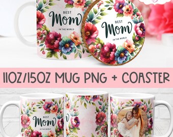 Customizable Mom Mug Wrap PNG for Mother's Day, Best Mom 11oz 15oz photo mug template for sublimation, Floral coaster PNG design download