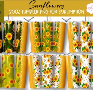 Aanpasbare zonnebloem tuimelaar wraps BUNDEL, bloemen tuimelaar PNG voor sublimatie | 20oz skinny tumbler cup digitale ontwerpen naadloos bestand