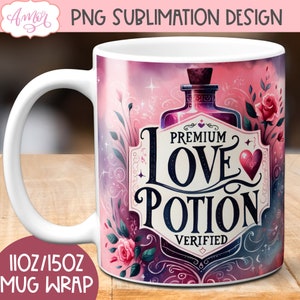 Design a sublimazione della tazza di San Valentino, involucro della tazza da 11 once e 15 once della pozione d'amore PNG, modello di tazza da caffè magico Grafica PNG, download istantaneo