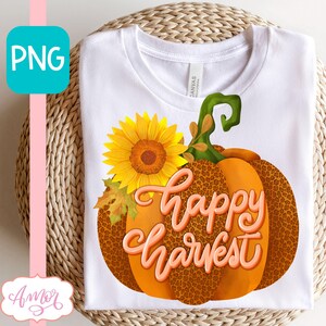 DESCARGA DIGITAL PNG de Happy Harvest para sublimación, diseño de camiseta de otoño, camiseta de calabaza con leopardo, archivo gráfico de taza de café con girasoles