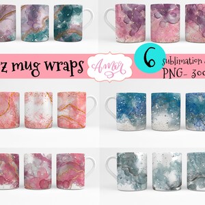 May include: Six 11-ounce sublimation mug wrap designs featuring abstract watercolor patterns in pink, blue, and gold. The designs are perfect for creating custom mugs.