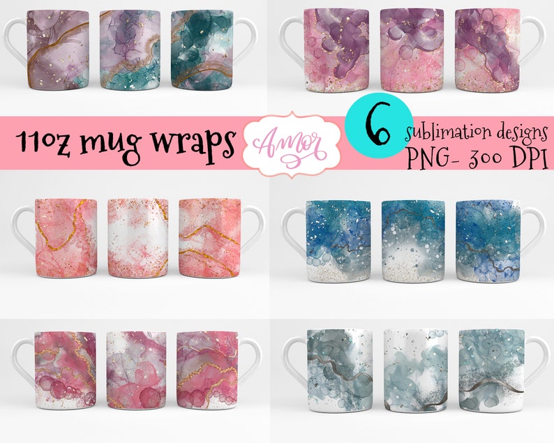 May include: Six 11-ounce sublimation mug wrap designs featuring abstract watercolor patterns in pink, blue, and gold. The designs are perfect for creating custom mugs.