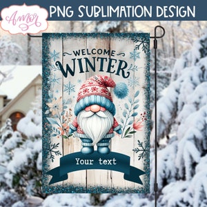 DIGITALE DOWNLOAD Welkom wintertuin vlag png sublimatie ontwerp aanpasbare tuin vlag sjabloon sneeuw schattige kabouter tuin vlag 12 x 18