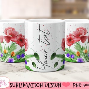 Wilde bloemen 11oz en 15oz mok sublimatie ontwerp, aanpasbare mok wrap PNG, aquarel bloemen ontwerp voor koffiemok sjabloon downloaden