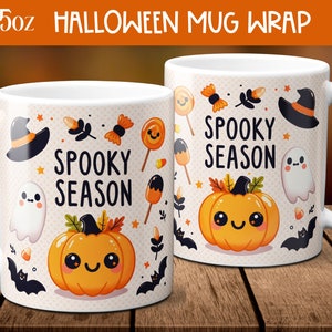 Puede incluir: Dos tazas de cer&aacute;mica blanca con tem&aacute;tica de Halloween. Las tazas presentan una calabaza con una cara sonriente, un fantasma, un sombrero de bruja y el texto "Spooky Season".