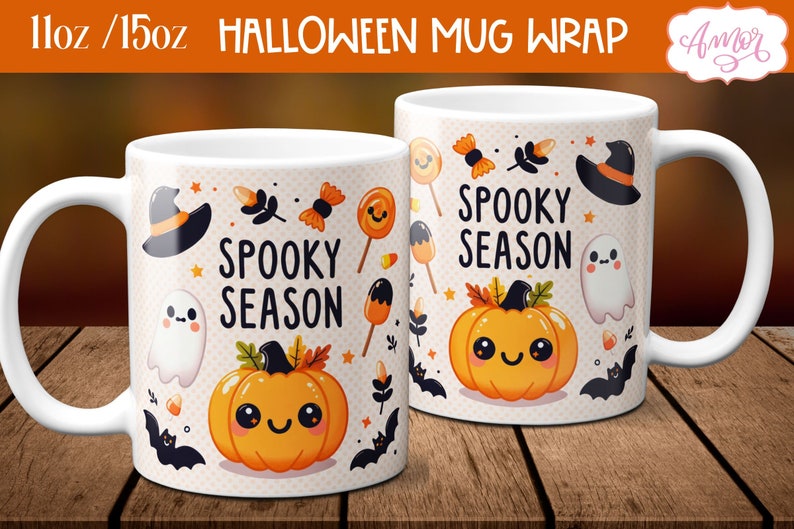 Puede incluir: Dos tazas de cer&aacute;mica blanca con tem&aacute;tica de Halloween. Las tazas presentan una calabaza con una cara sonriente, un fantasma, un sombrero de bruja y el texto "Spooky Season".
